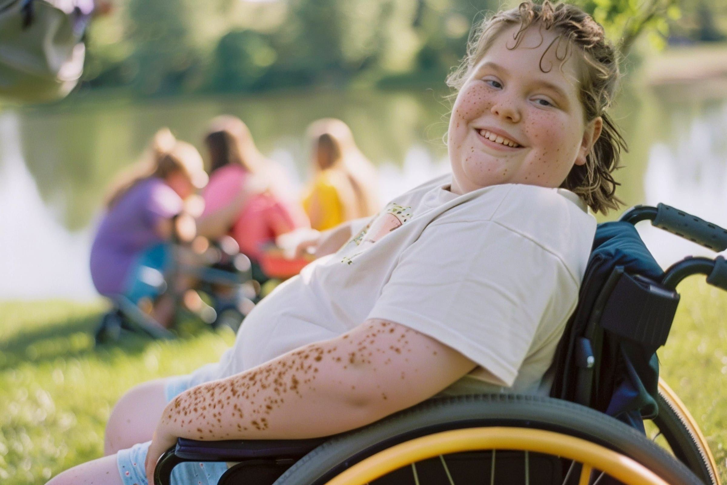 A smiling young person in a wheelchair outdoors by a lake, with friends picnicking in the background
